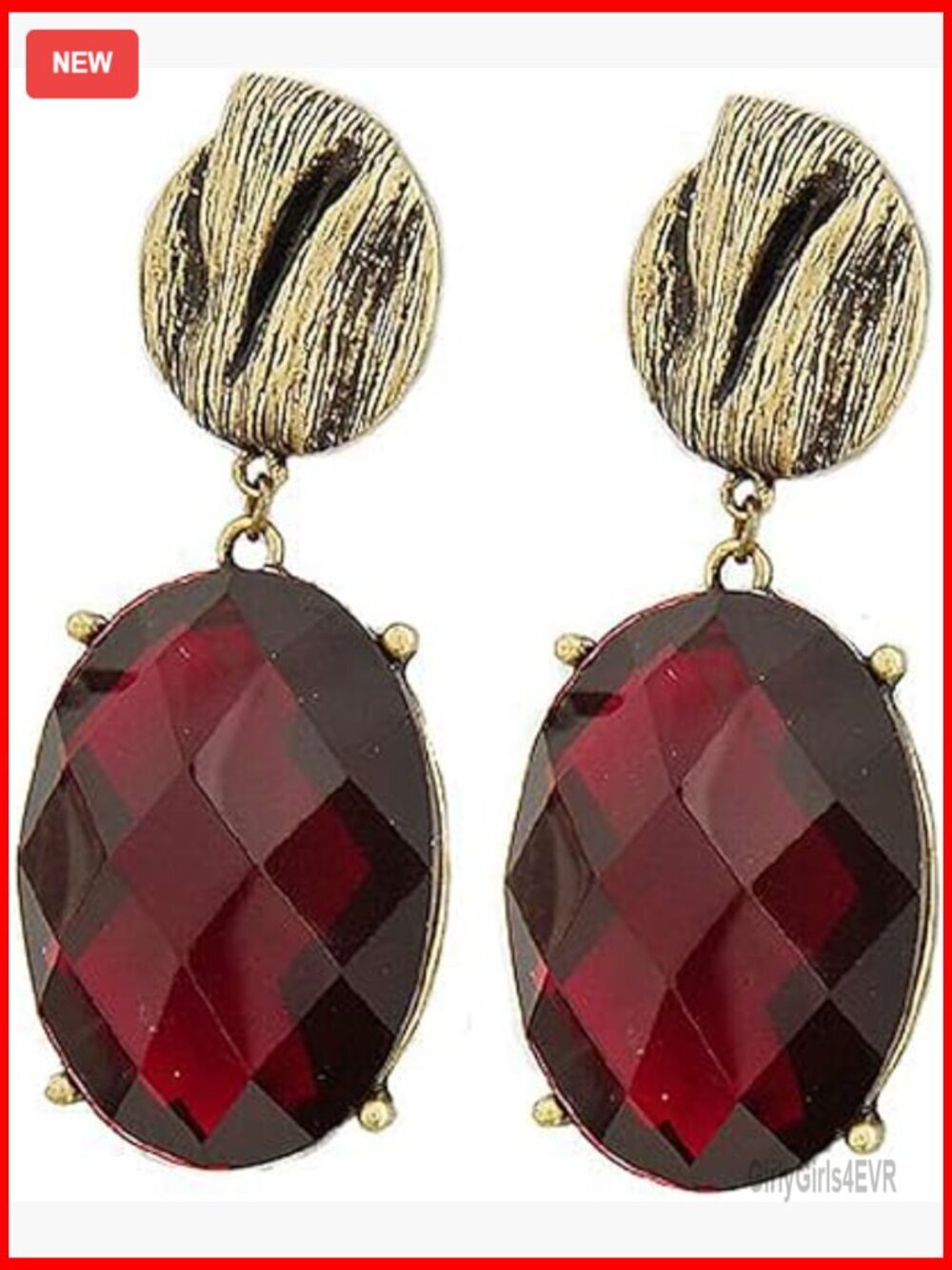 Large Oval Faceted Acrylic Drop Earrings with Gold Tone Studs